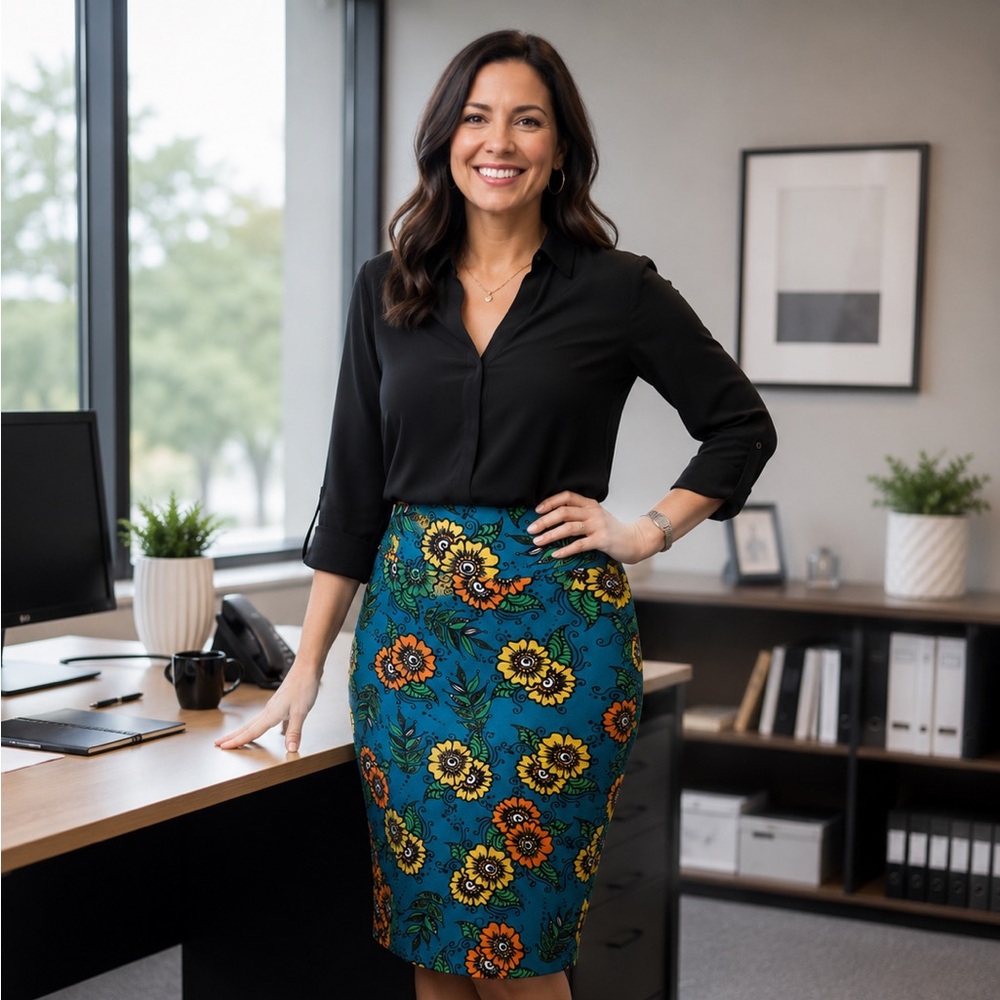 Teal Floral Print Skirt with Yellow & Orange Blooms